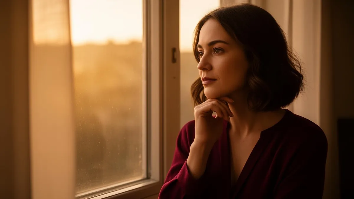 Mulher reflexiva olhando pela janela ao entardecer